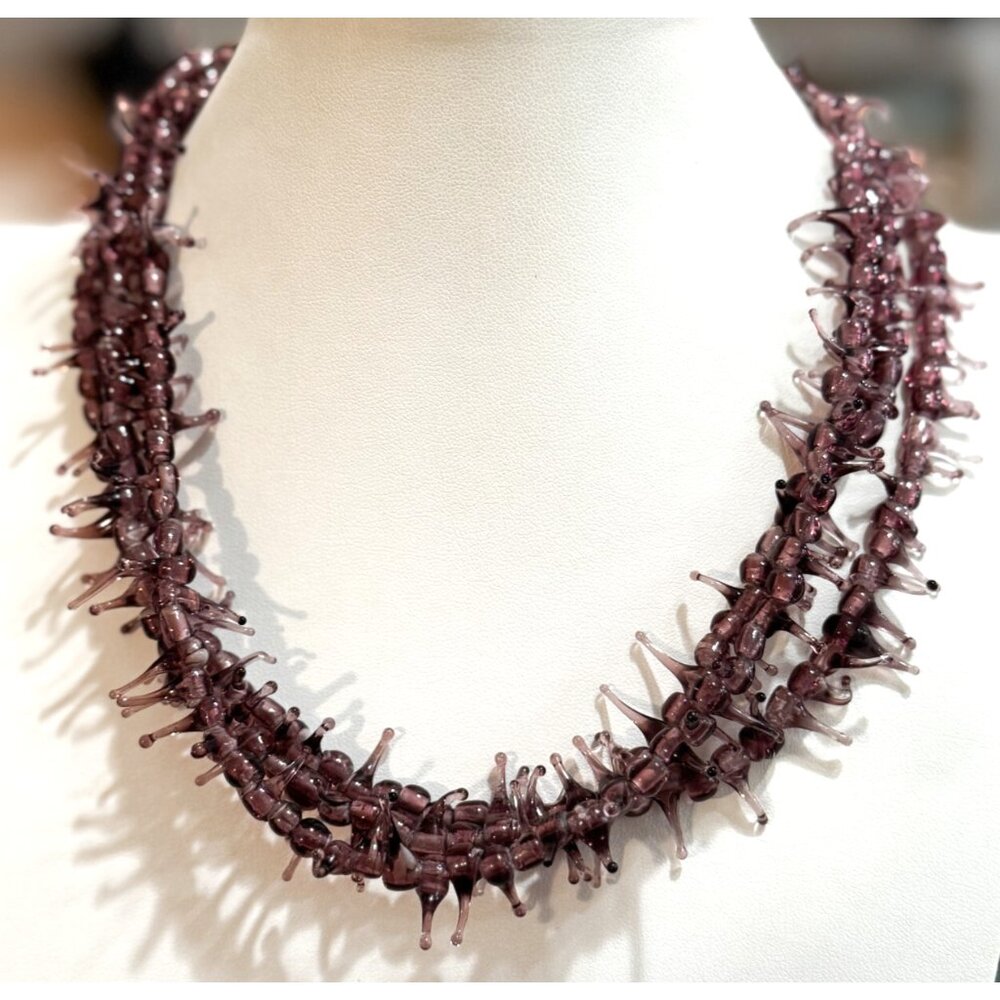 Vintage Blown Lamp Work Glass Bead Pulled Sugar Purple Multi Strand Necklace